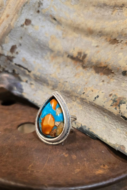 Multi Color Turquoise Teardrop Adjustable Ring