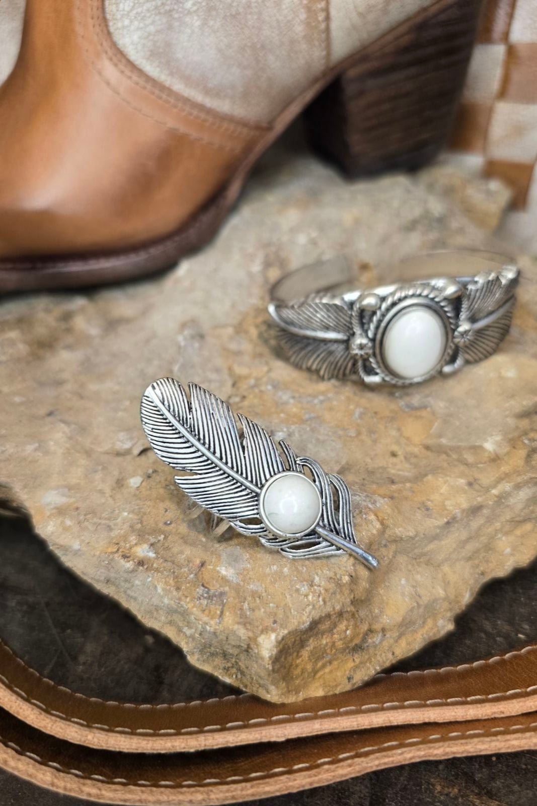 Feather White Turquoise Adjustable Ring