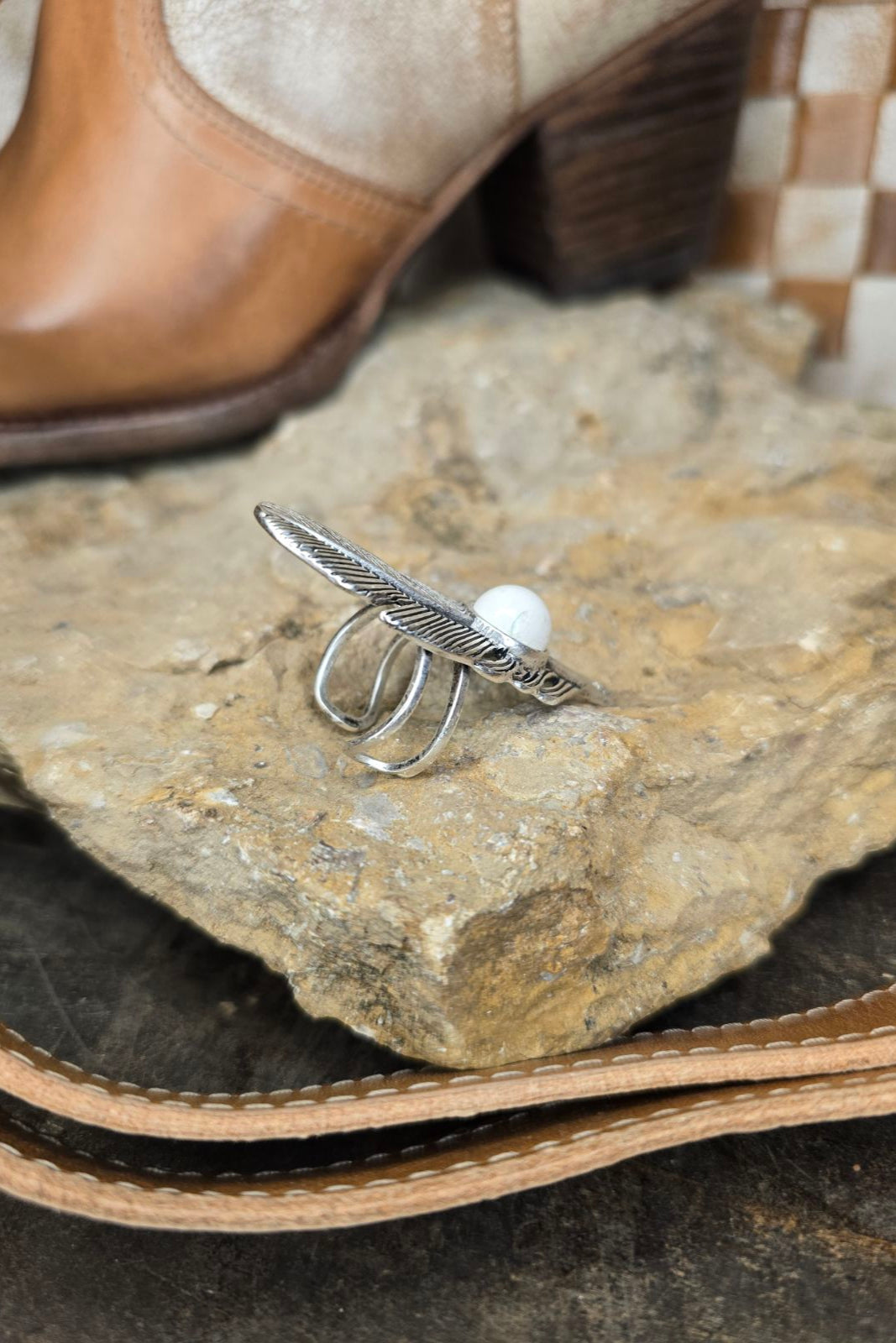 Feather White Turquoise Adjustable Ring