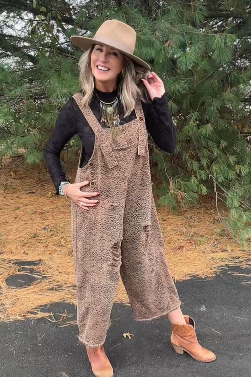 Wild Side Distressed Mocha Overalls