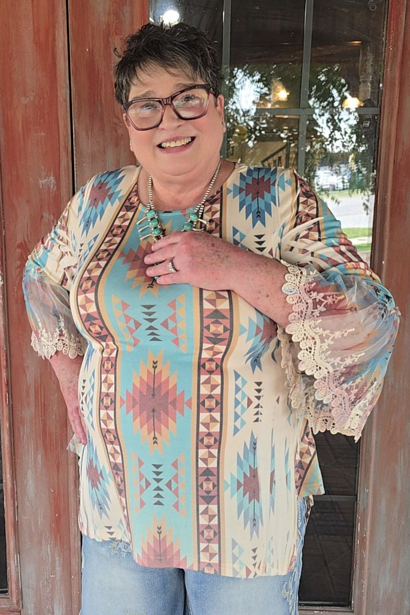 Broom Tail Beige New Turquoise Blouse