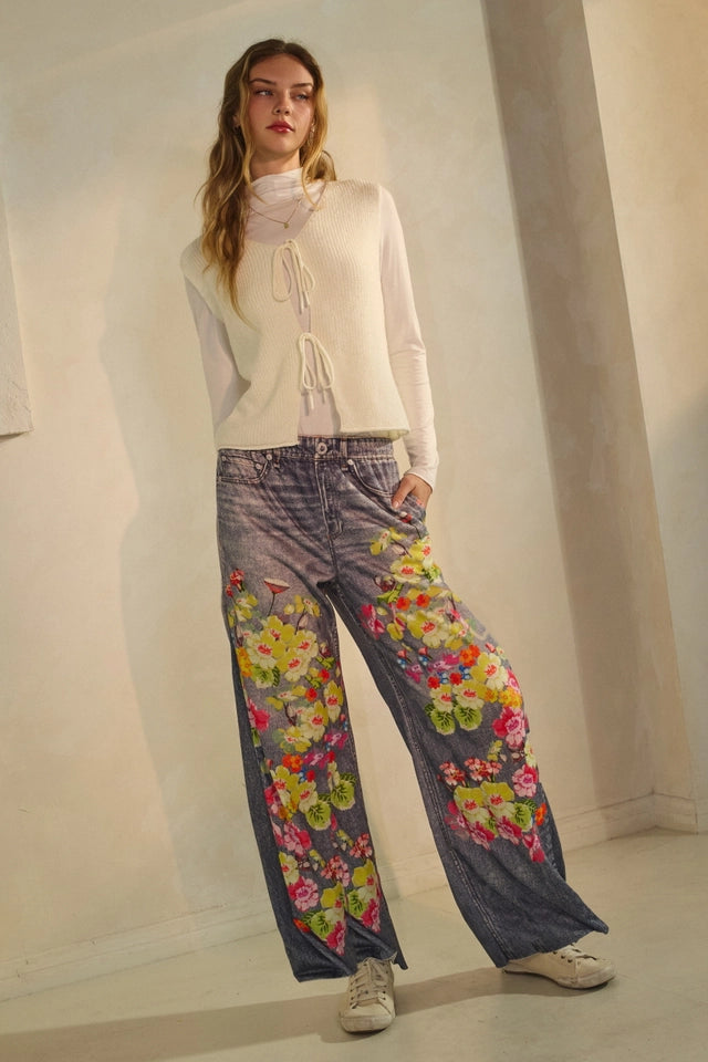 Floral Fantasy Wide Leg Faux Denim Pants