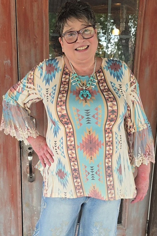 Broom Tail Beige New Turquoise Blouse