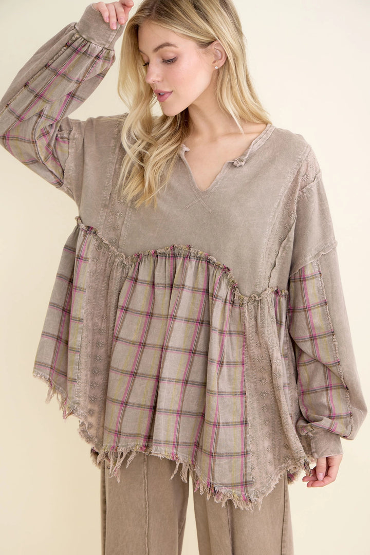 Plaid Petal Olive Babydoll Blouse
