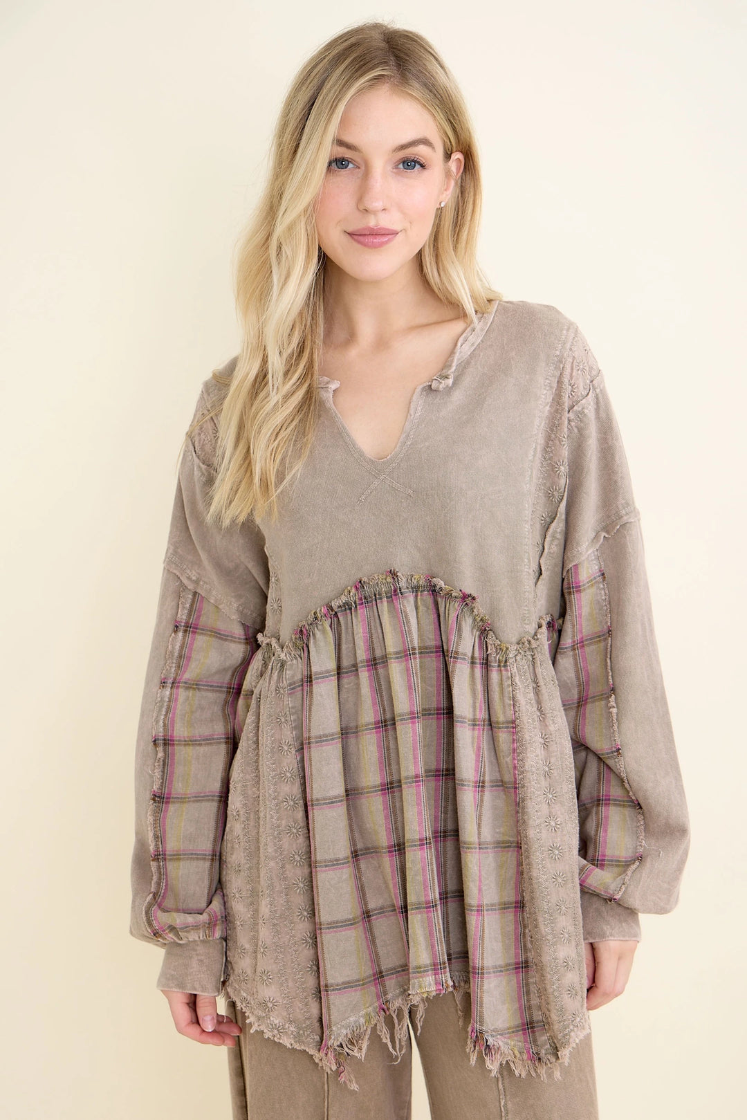 Plaid Petal Olive Babydoll Blouse