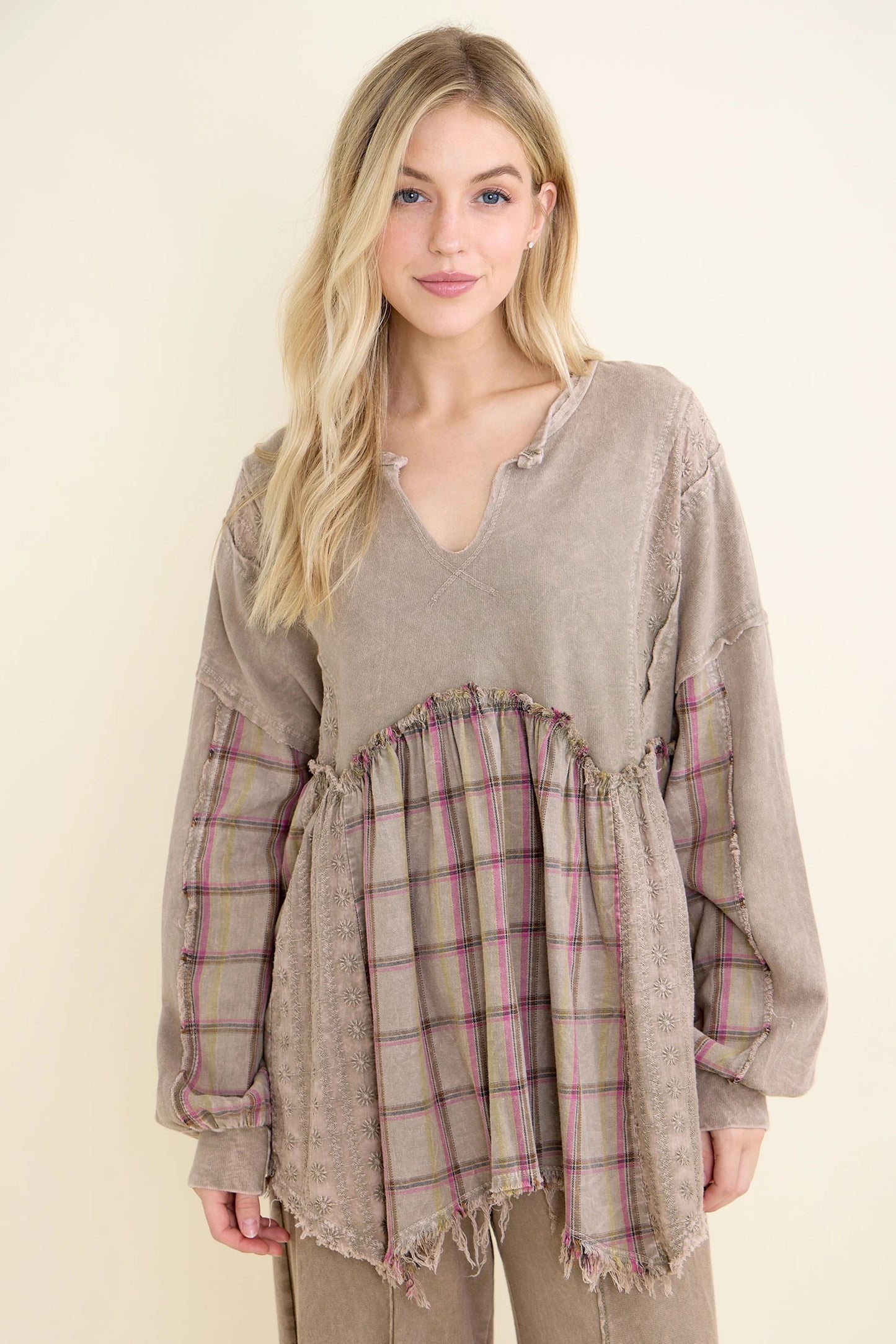 Plaid Petal Olive Babydoll Blouse