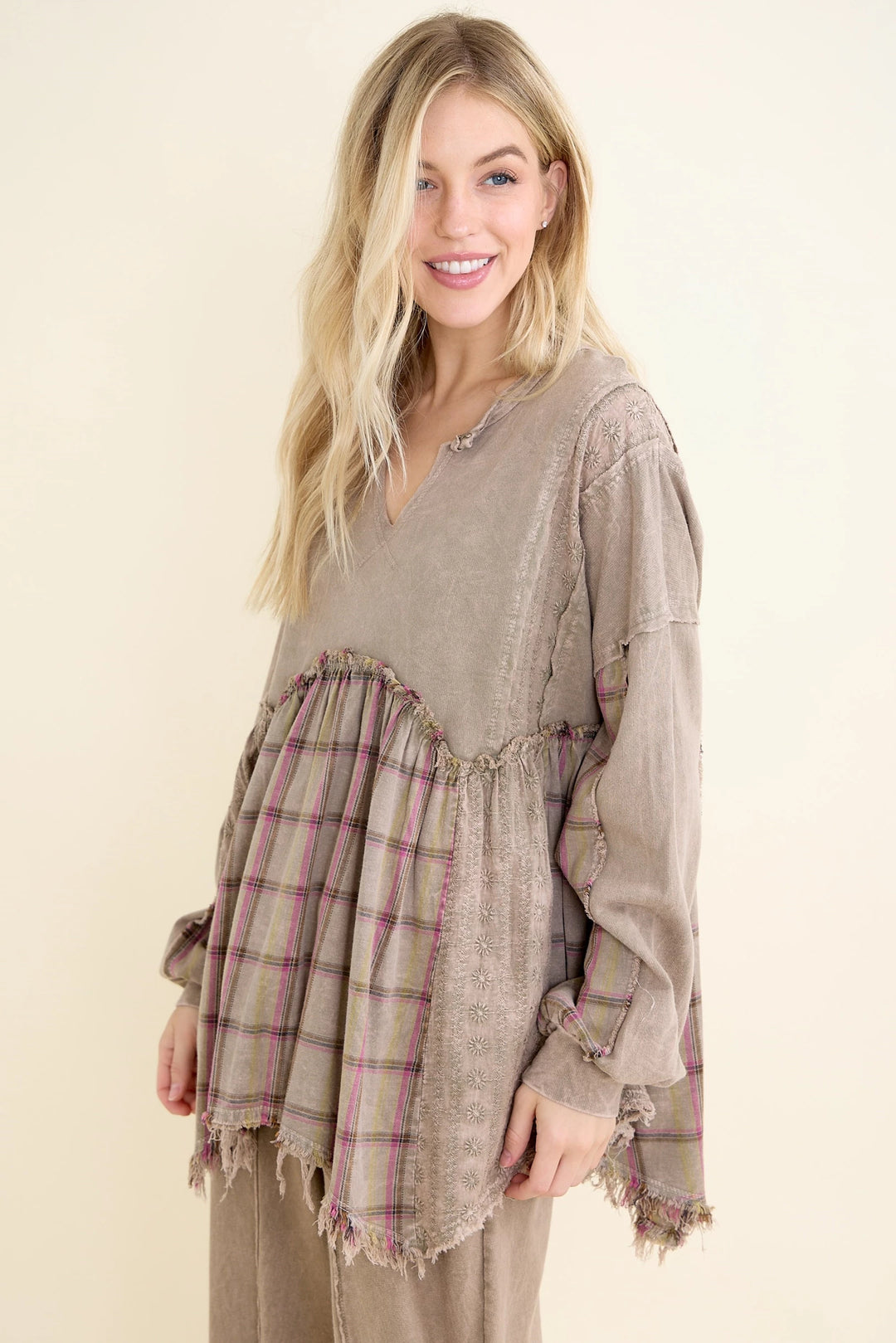 Plaid Petal Olive Babydoll Blouse