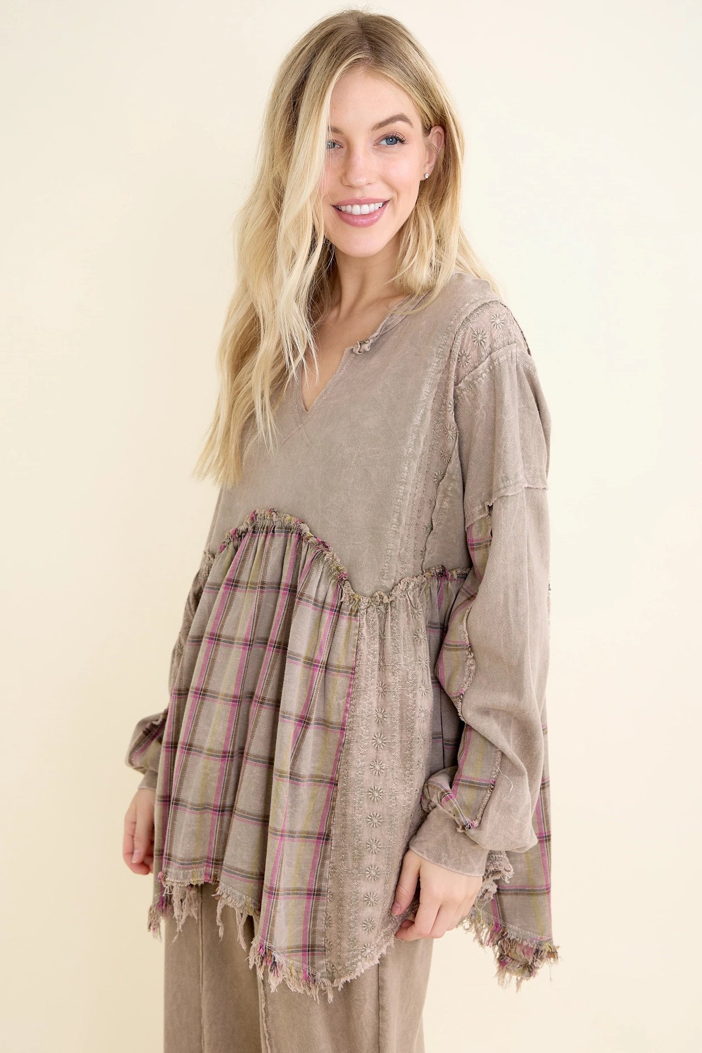 Plaid Petal Olive Babydoll Blouse