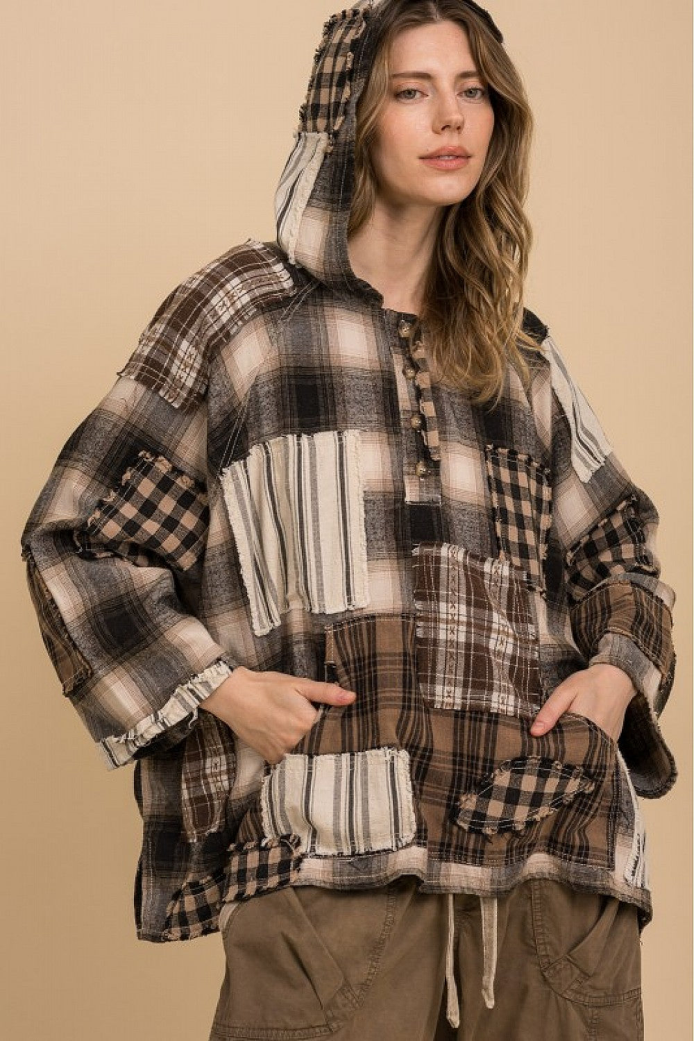 Plaid And Patches Hoodie Top
