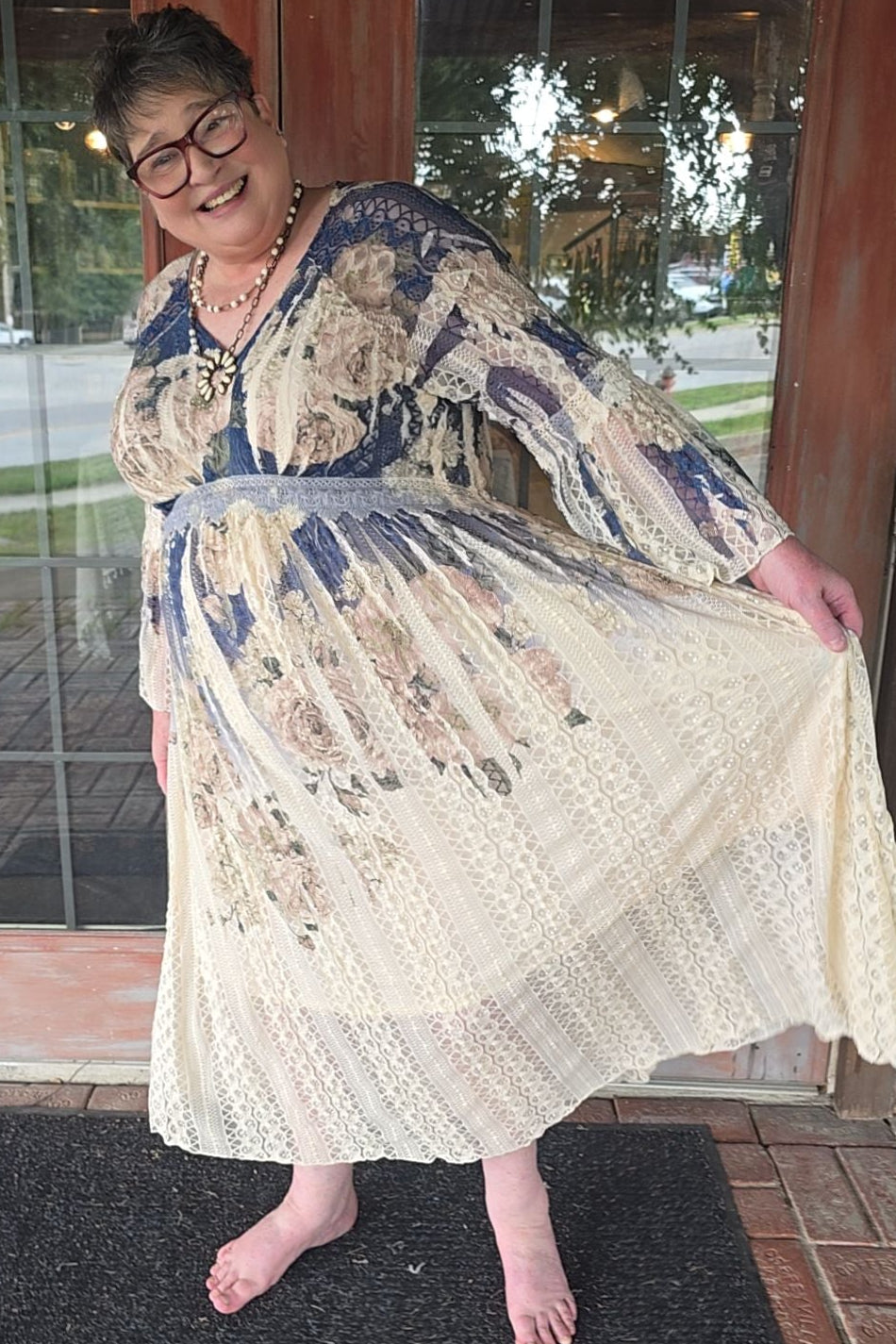 Lead Singer Beige Dark Navy Floral Maxi Dress