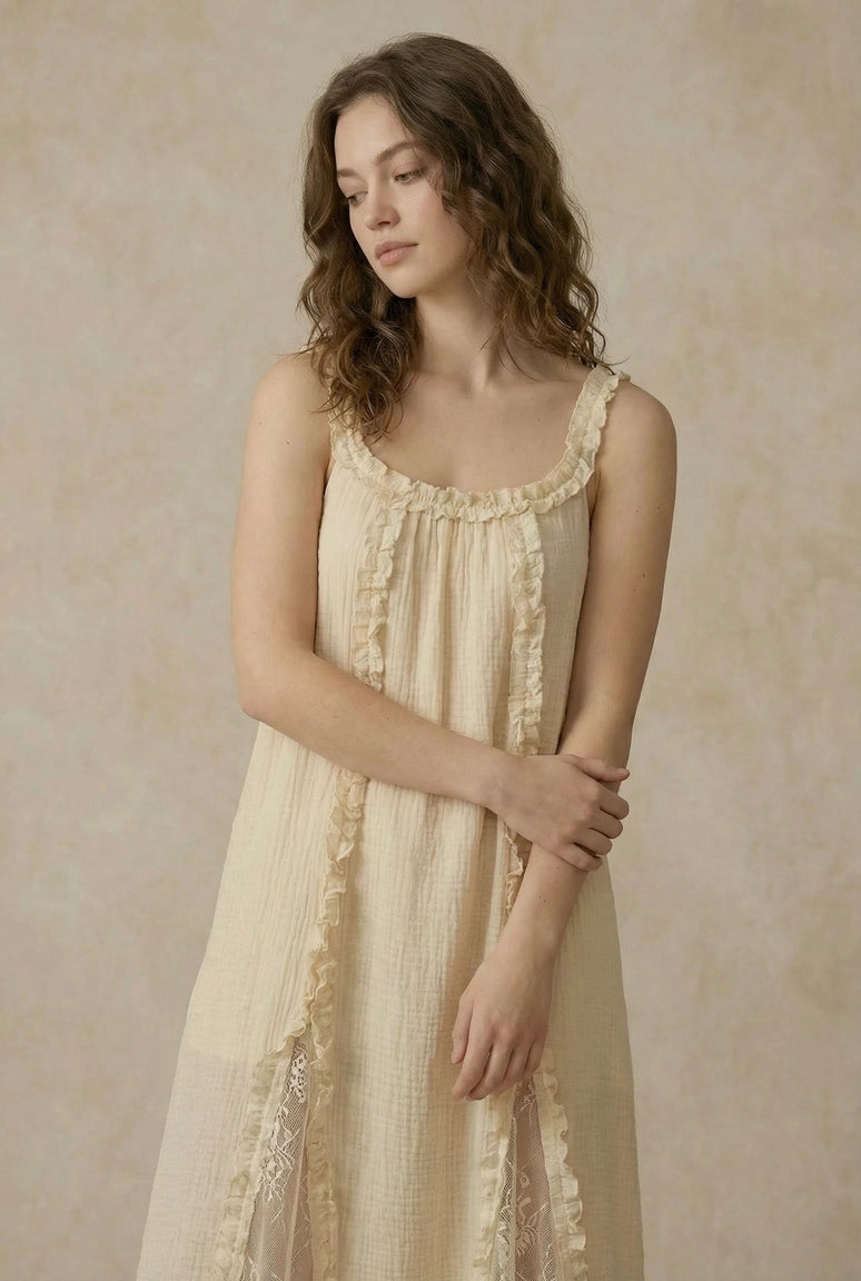 Cream Cascade Ruffles & Lace Tank Dress
