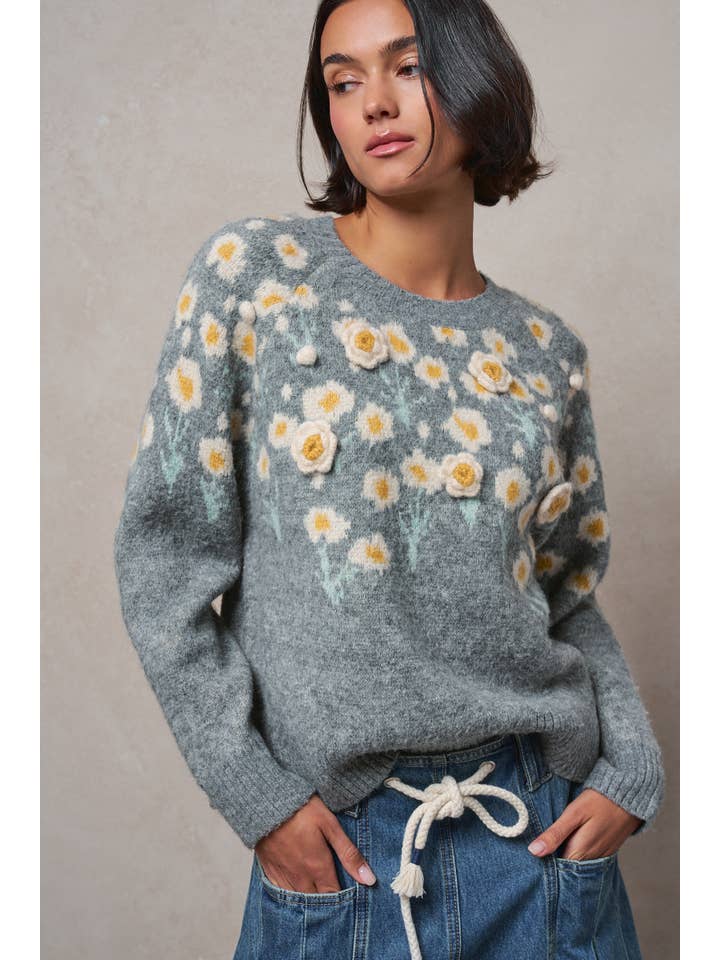 Daisy Daydream Grey Knit Sweater