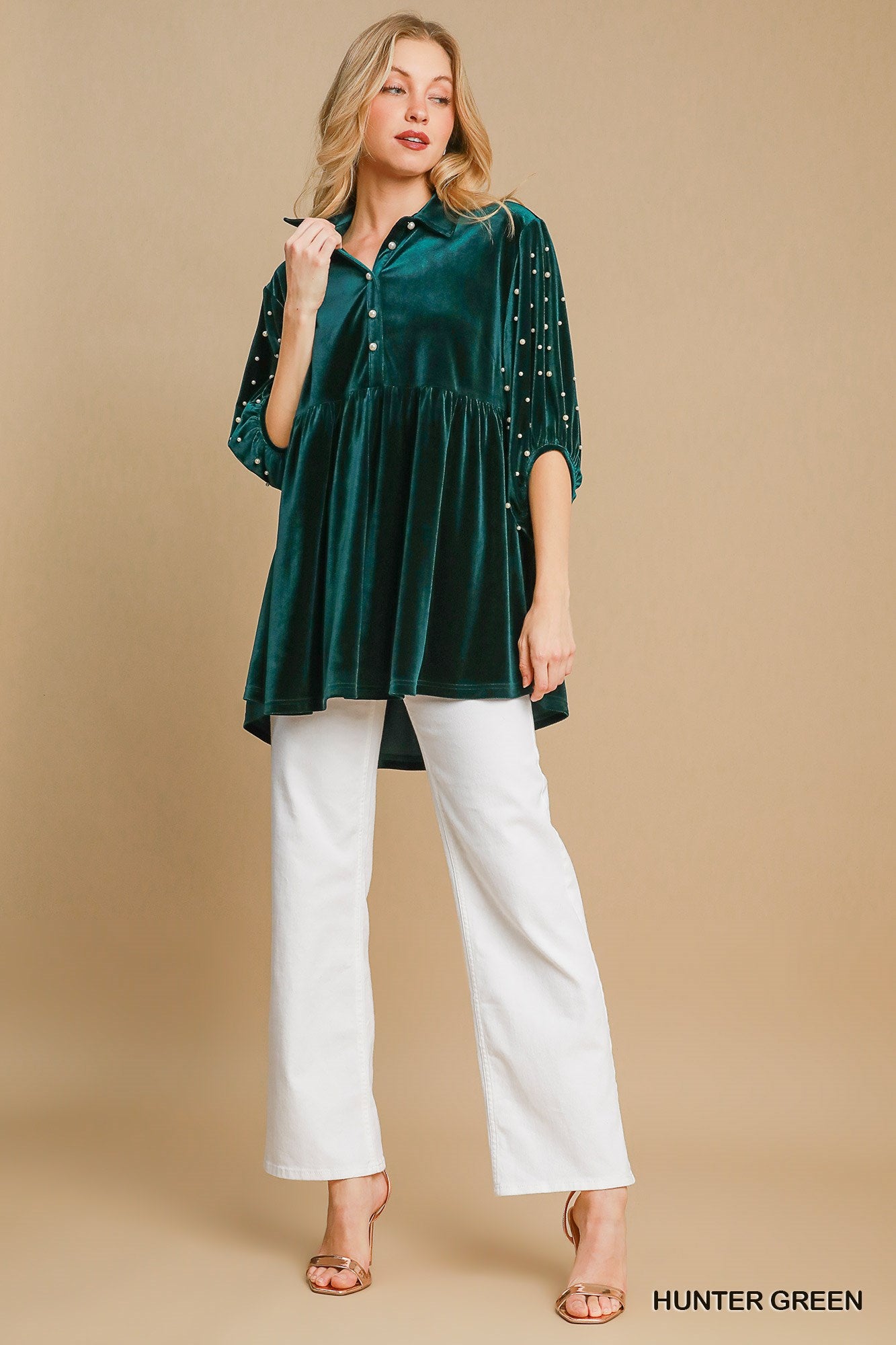 Enchanted Green And Pearls Velvet Tunic