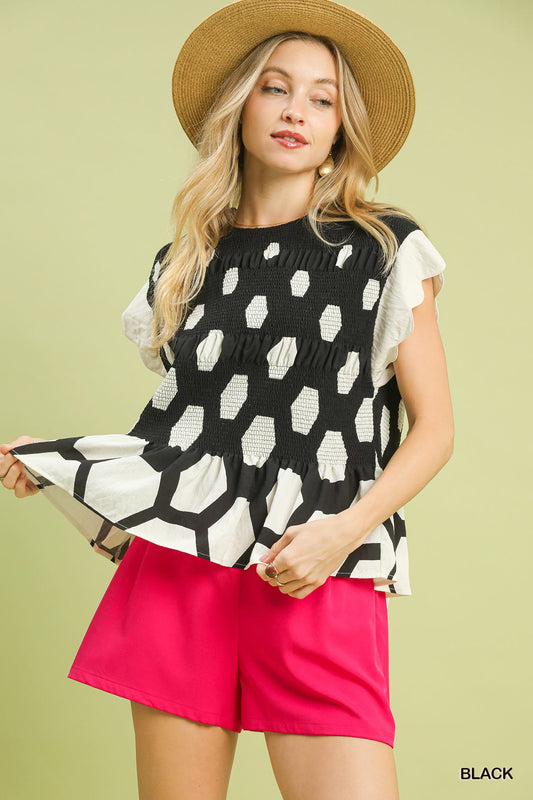 Monochrome Meadow Smocked Blouse