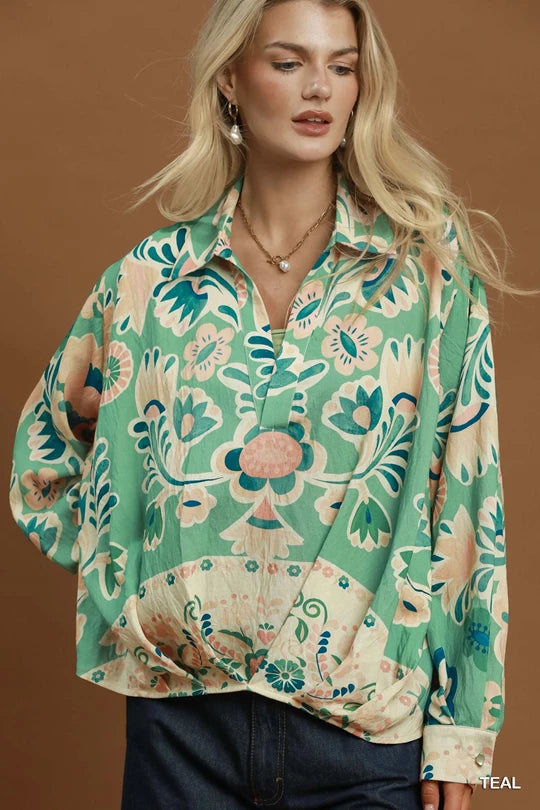 Radiant Teal Floral Blouse