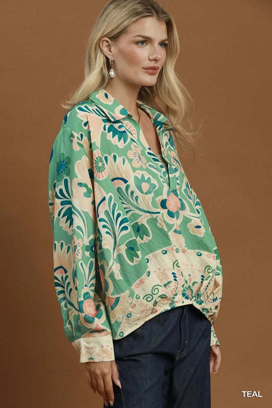 Radiant Teal Floral Blouse