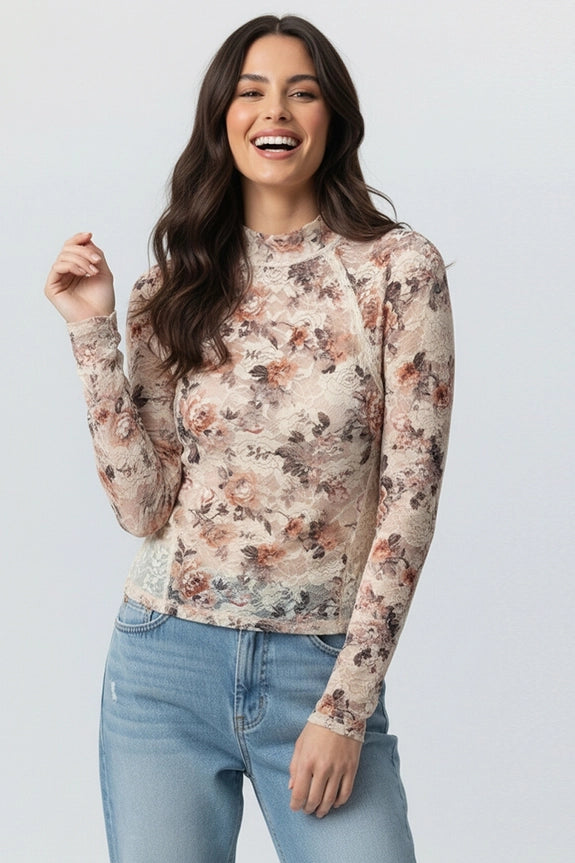 Rustic Oatmeal Blossom Mesh Blouse