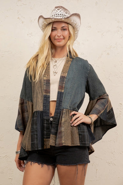 Smoked Denim &amp; Plaid Cardigan