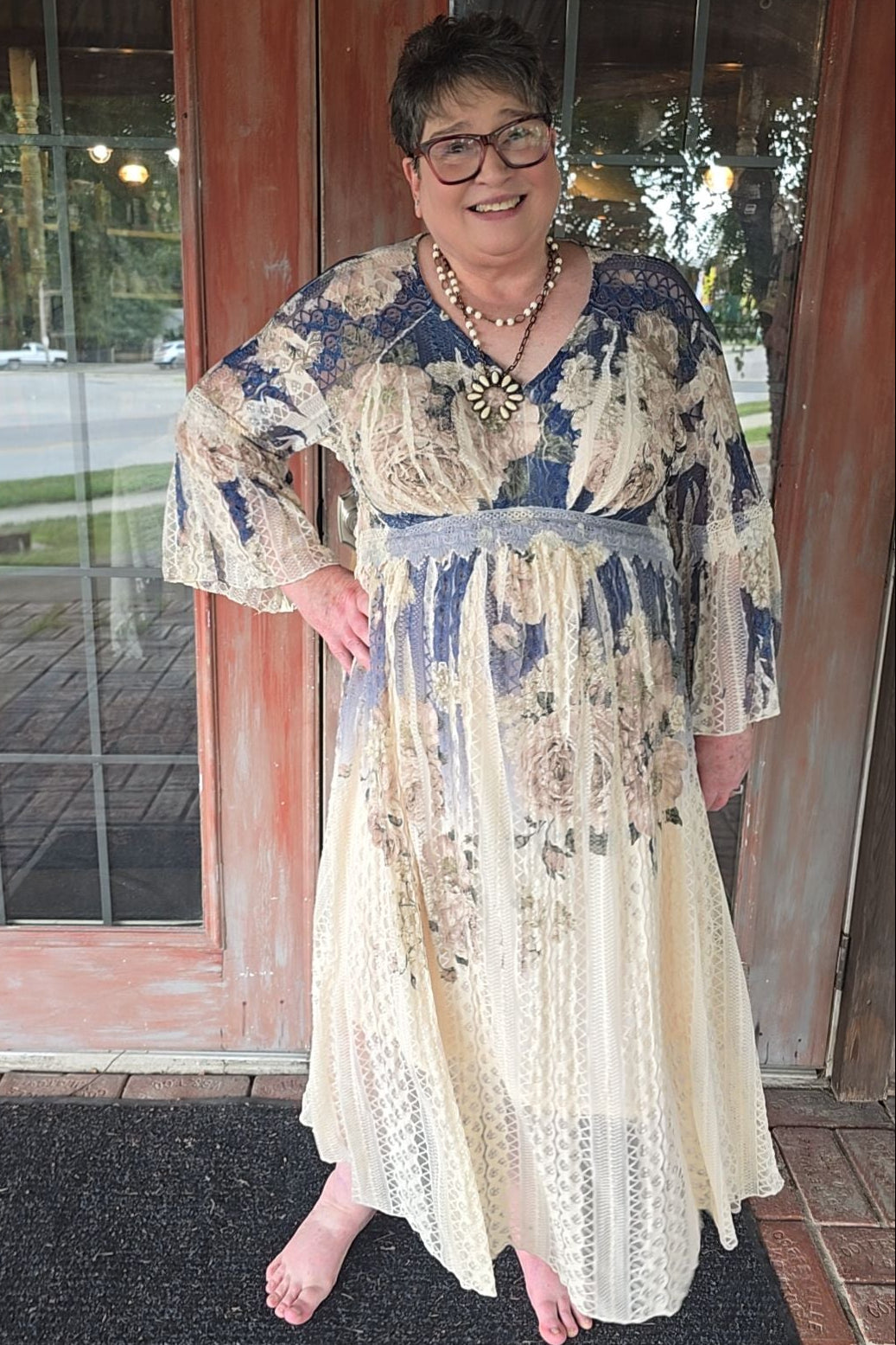 Lead Singer Beige Dark Navy Floral Maxi Dress