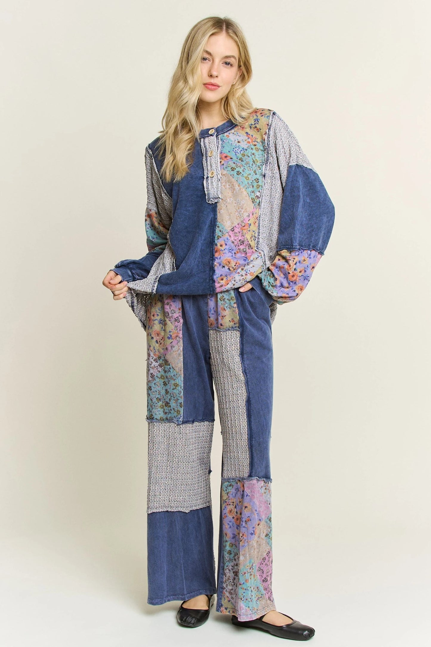 Navy Floral and Eyelet Longsleeve Top
