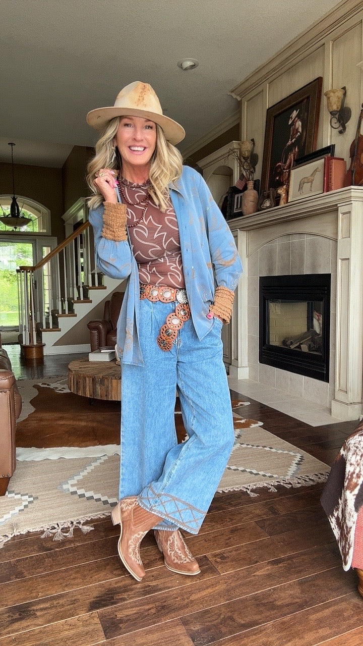 Boot-Stitched Mesh Blouse
