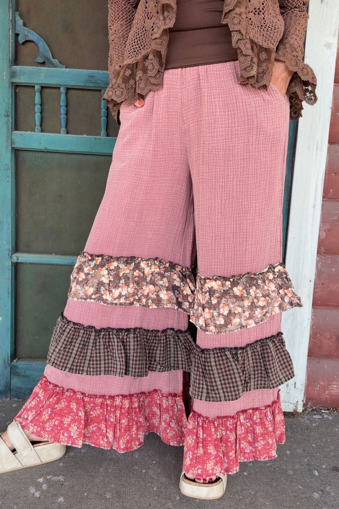 Red Bean Cotton Ruffle Pants