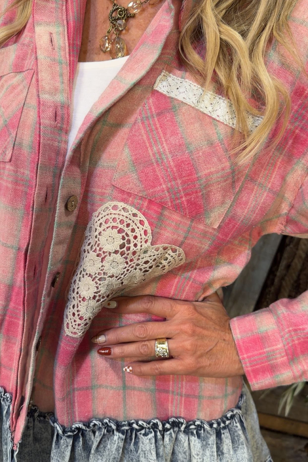 Plaid &amp; Denim Ruffle Blouse