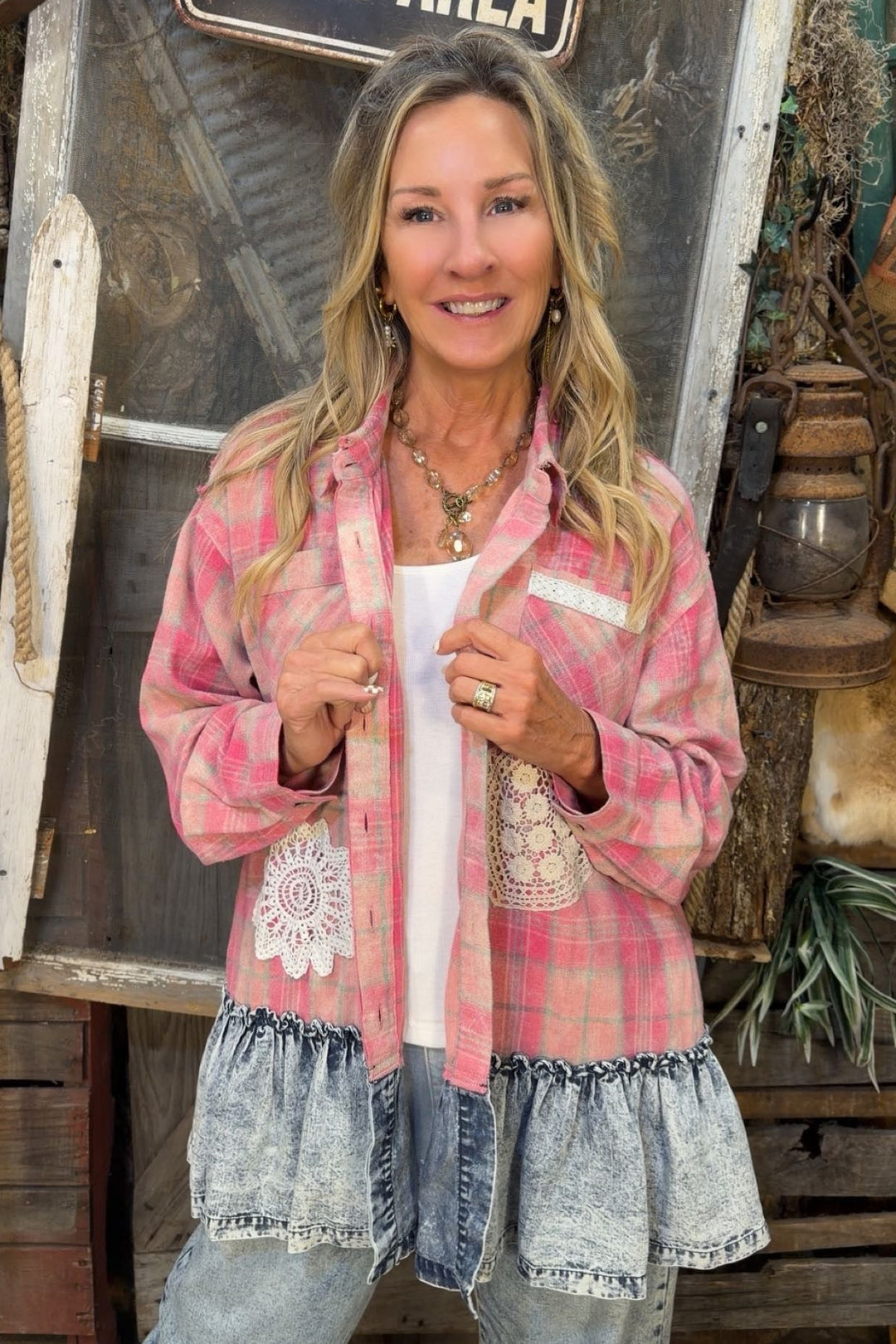 Plaid &amp; Denim Ruffle Blouse