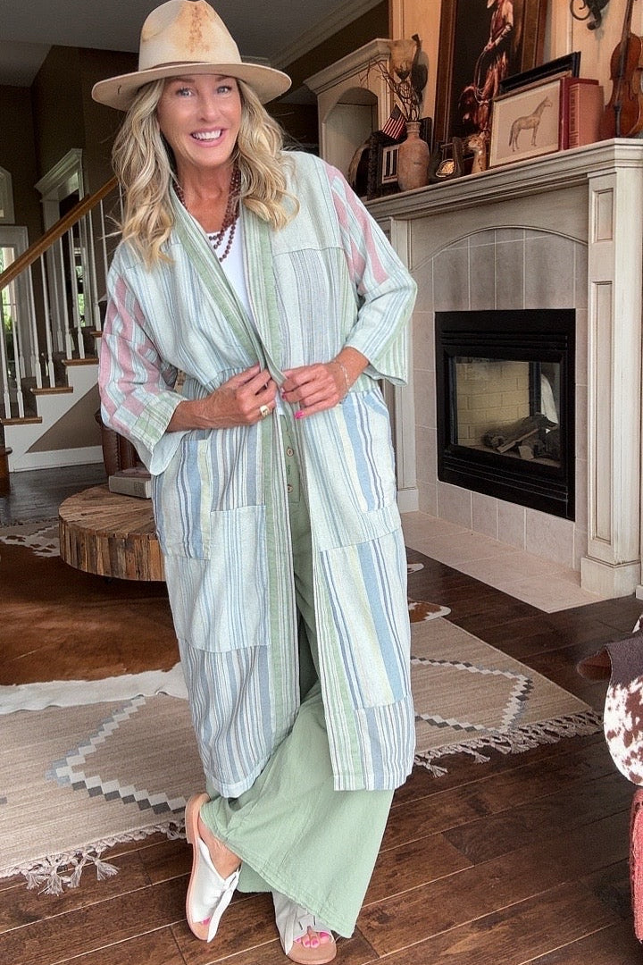 Moss Stripe Long Kimono