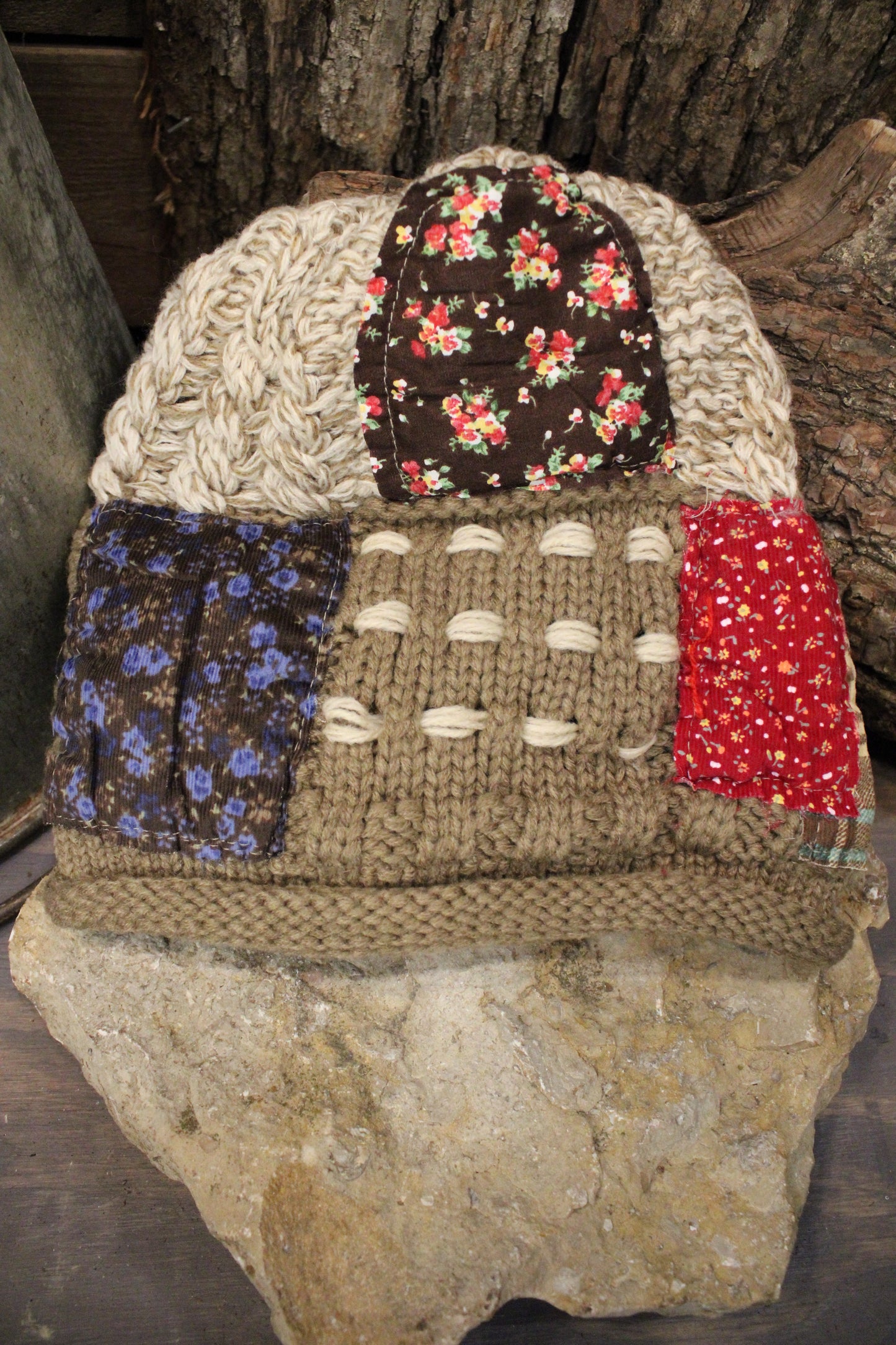 Patchwork Brown Hand-Knit Beanie