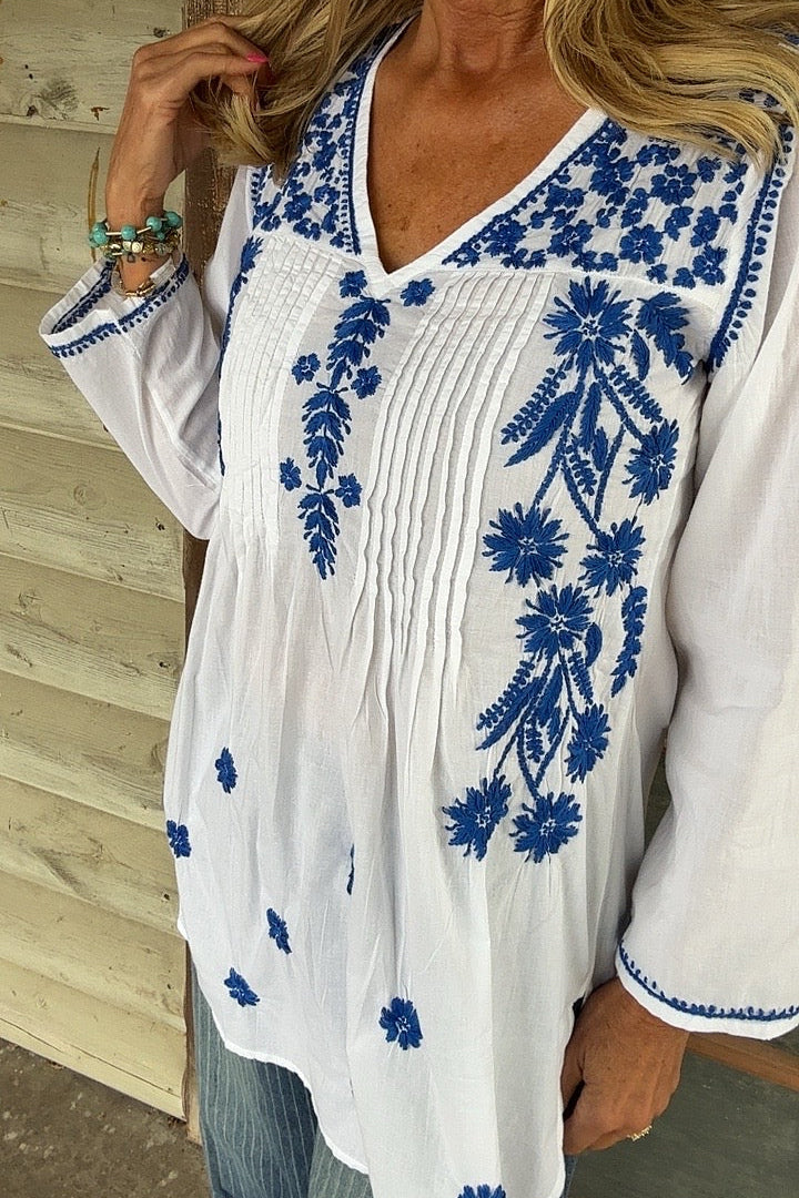 Artisanal Indigo Blossom Cotton Tunic