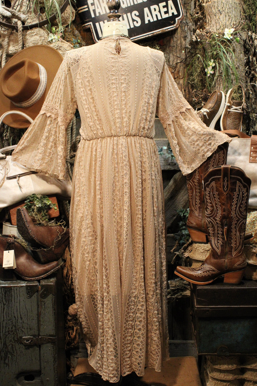 boho taupe dress Sweet Caroline Smocked Ruffled Detail Boho Chic Dress -Taupe Wild Dreamer