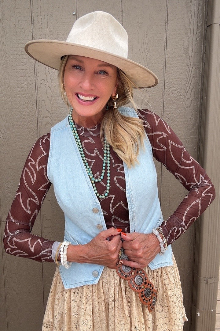 Boot-Stitched Mesh Blouse