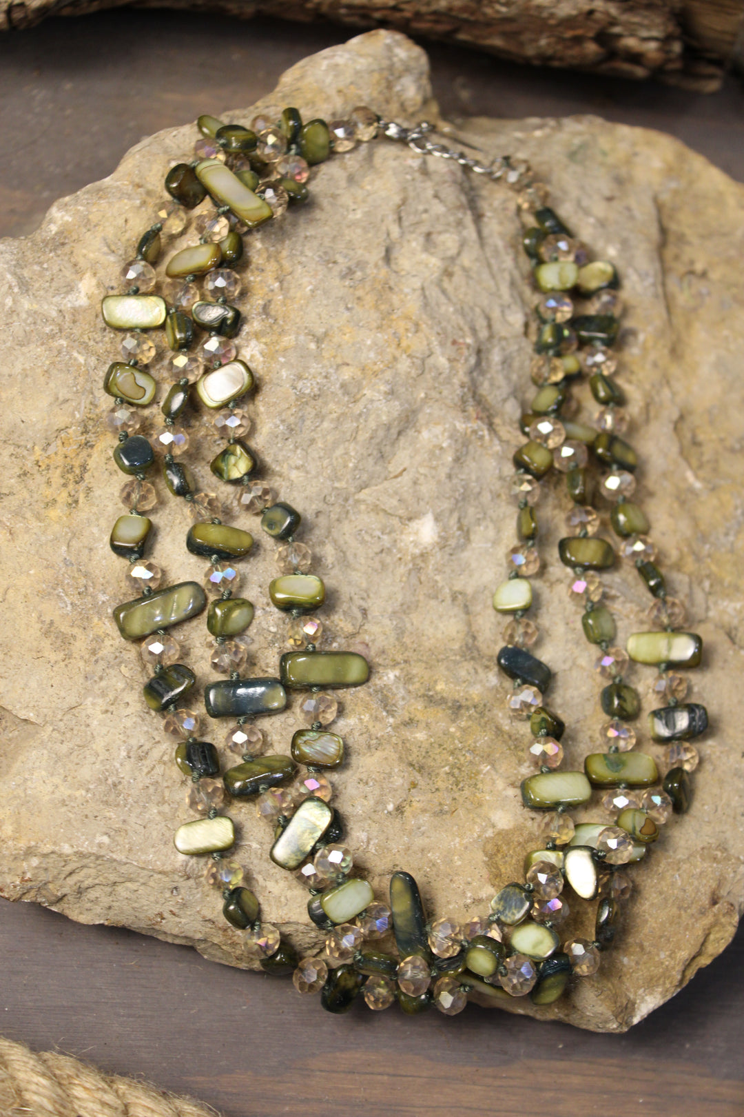 Layers Of Green Shell Crystal Necklace