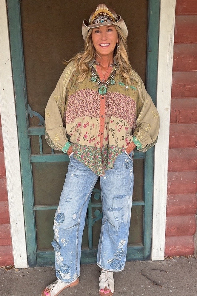 Enchanted Khaki Button Up Blouse