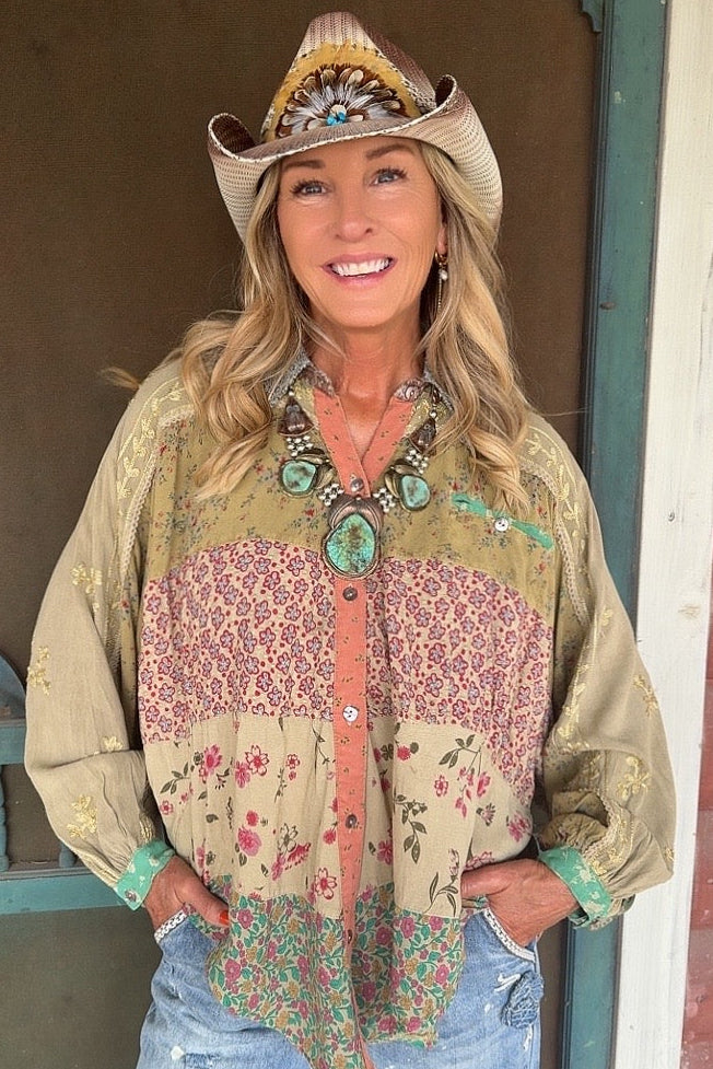 Enchanted Khaki Button Up Blouse
