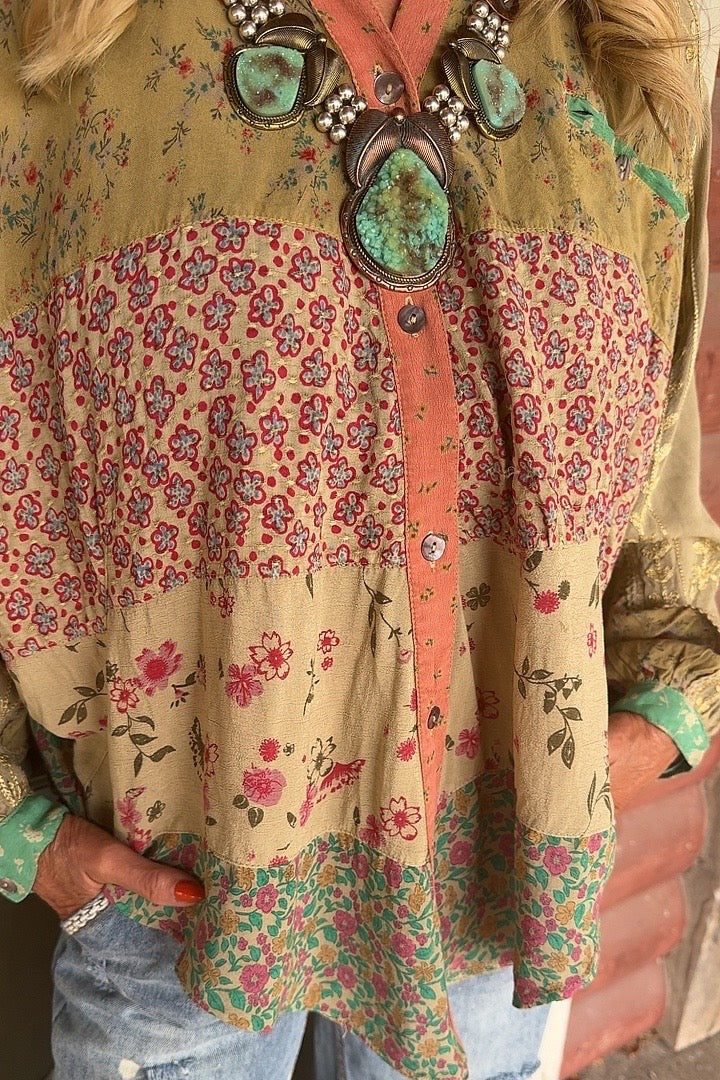 Enchanted Khaki Button Up Blouse