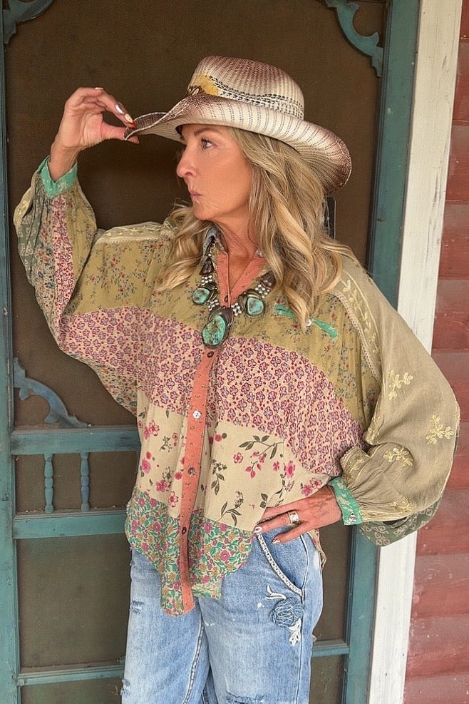 Enchanted Khaki Button Up Blouse