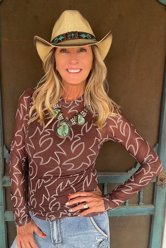 Boot-Stitched Mesh Blouse