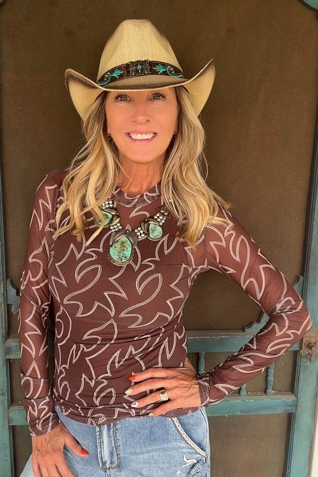 Boot-Stitched Mesh Blouse