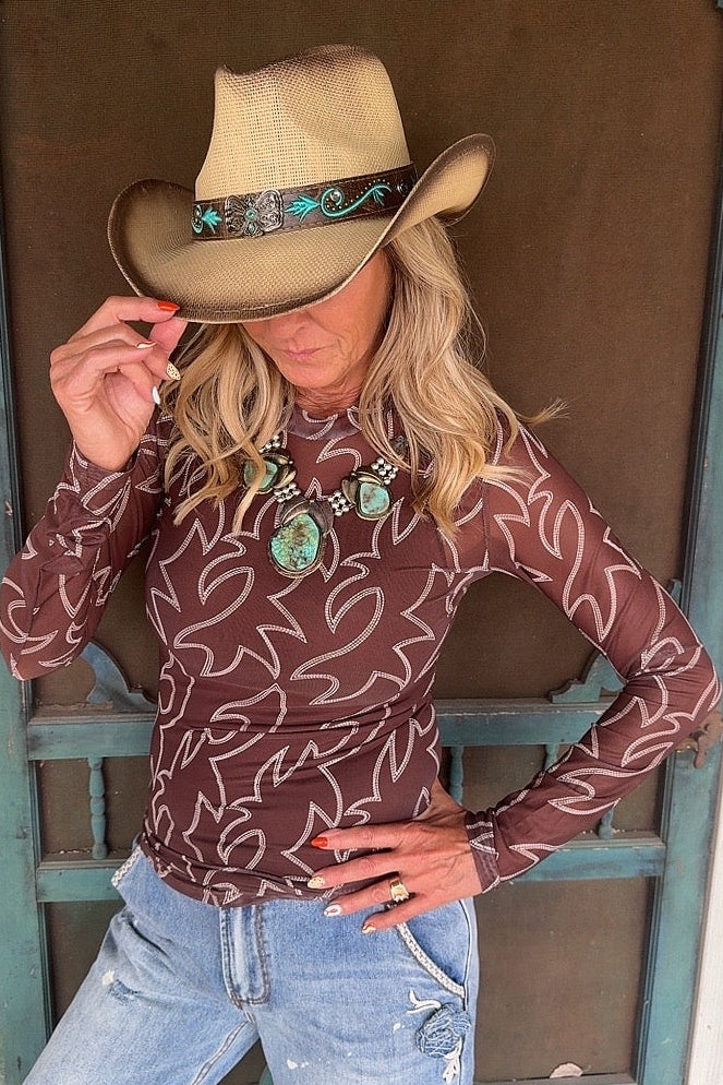 Boot-Stitched Mesh Blouse