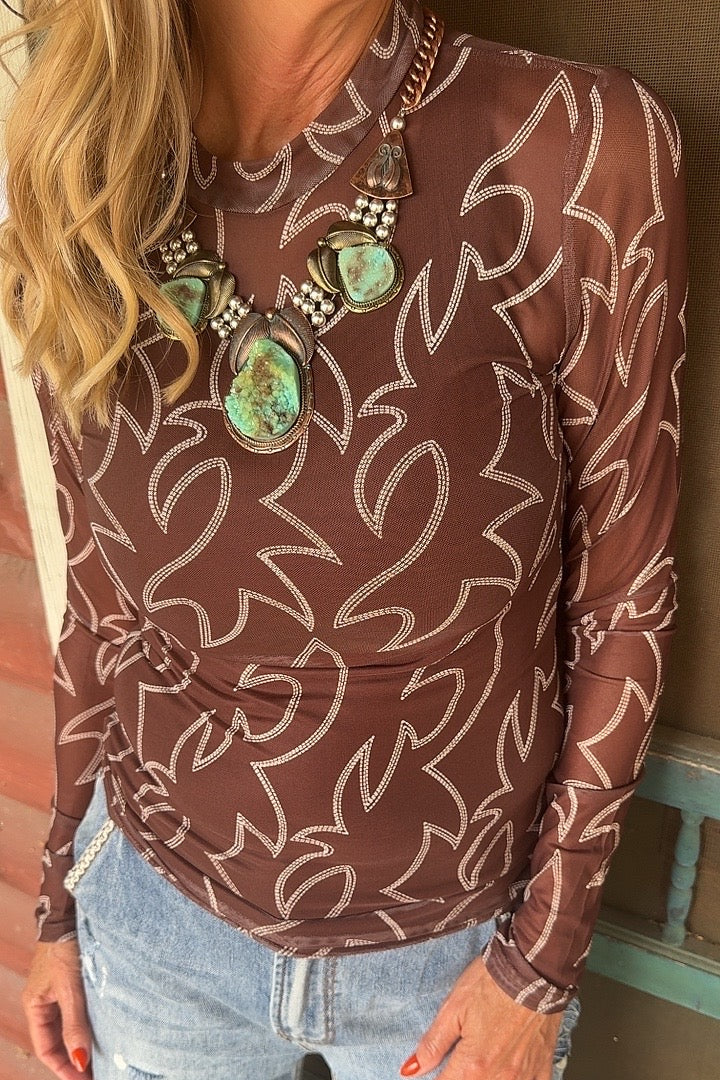 Boot-Stitched Mesh Blouse