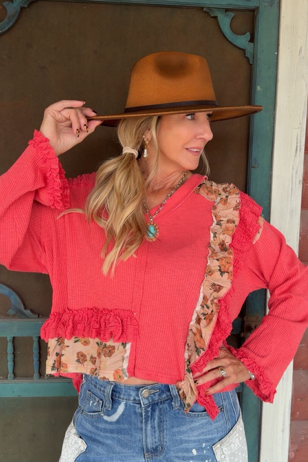 Coral Bloom Ruffled Blouse