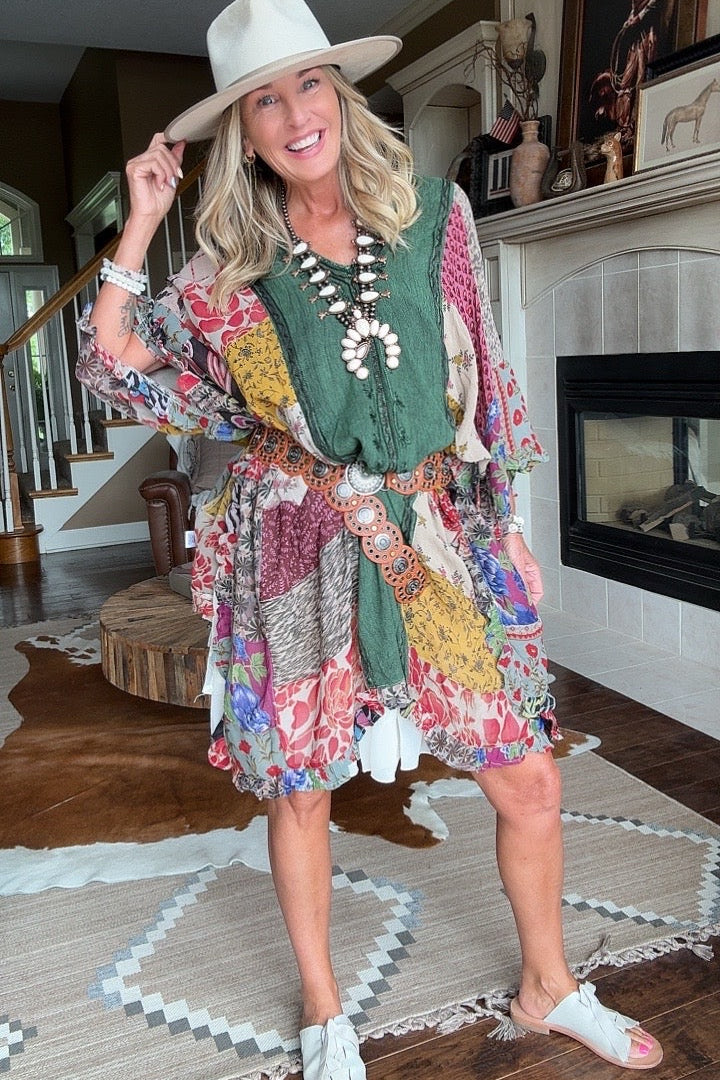 Bohemian Patchwork Threads Basil Poncho