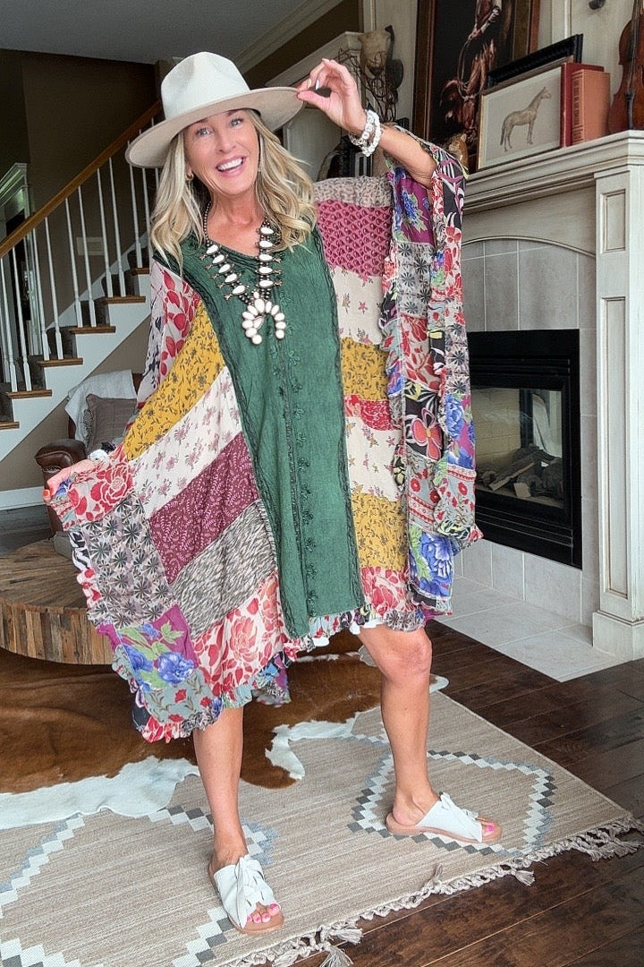 Bohemian Patchwork Threads Basil Poncho