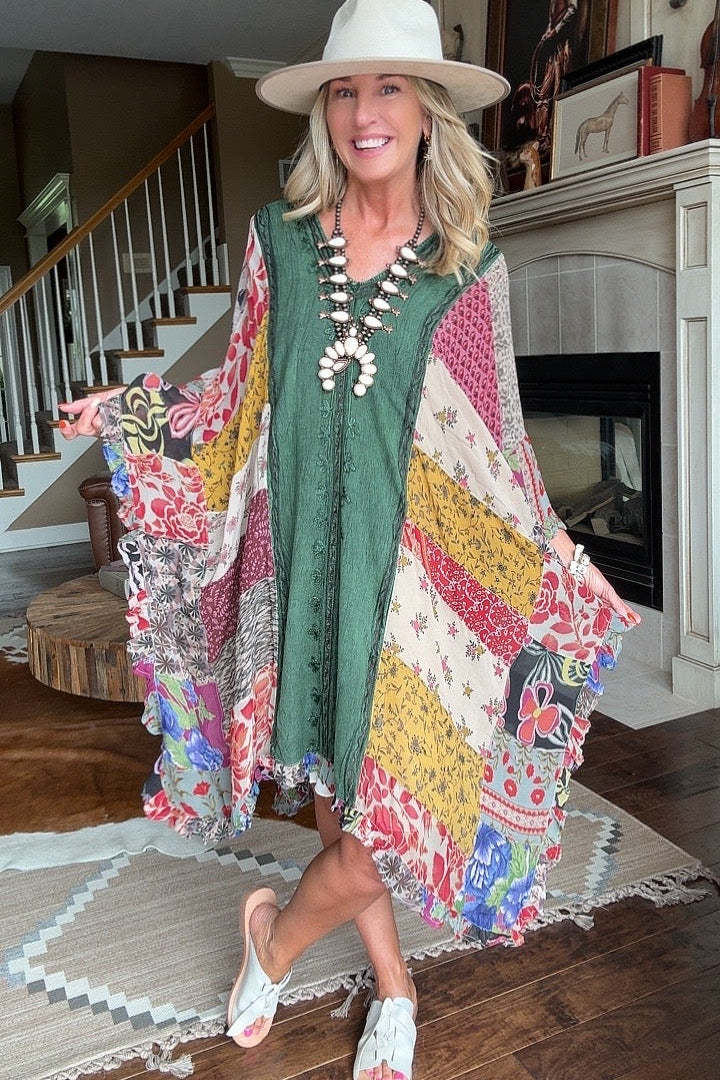Bohemian Patchwork Threads Basil Poncho
