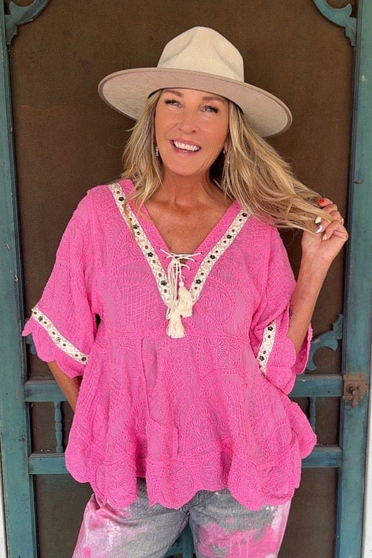Bubblegum Scallop Trim Top