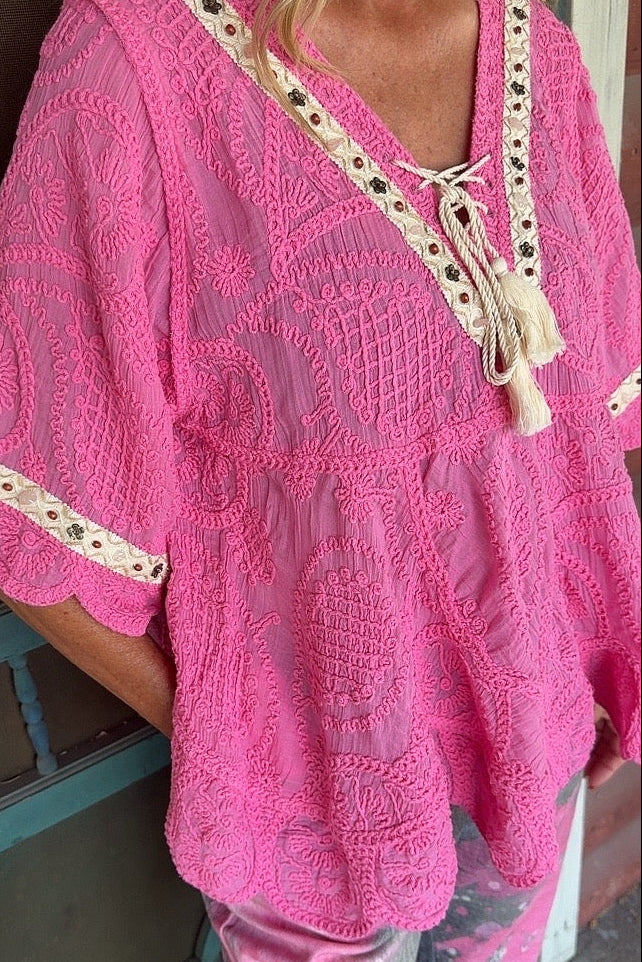 Bubblegum Scallop Trim Top