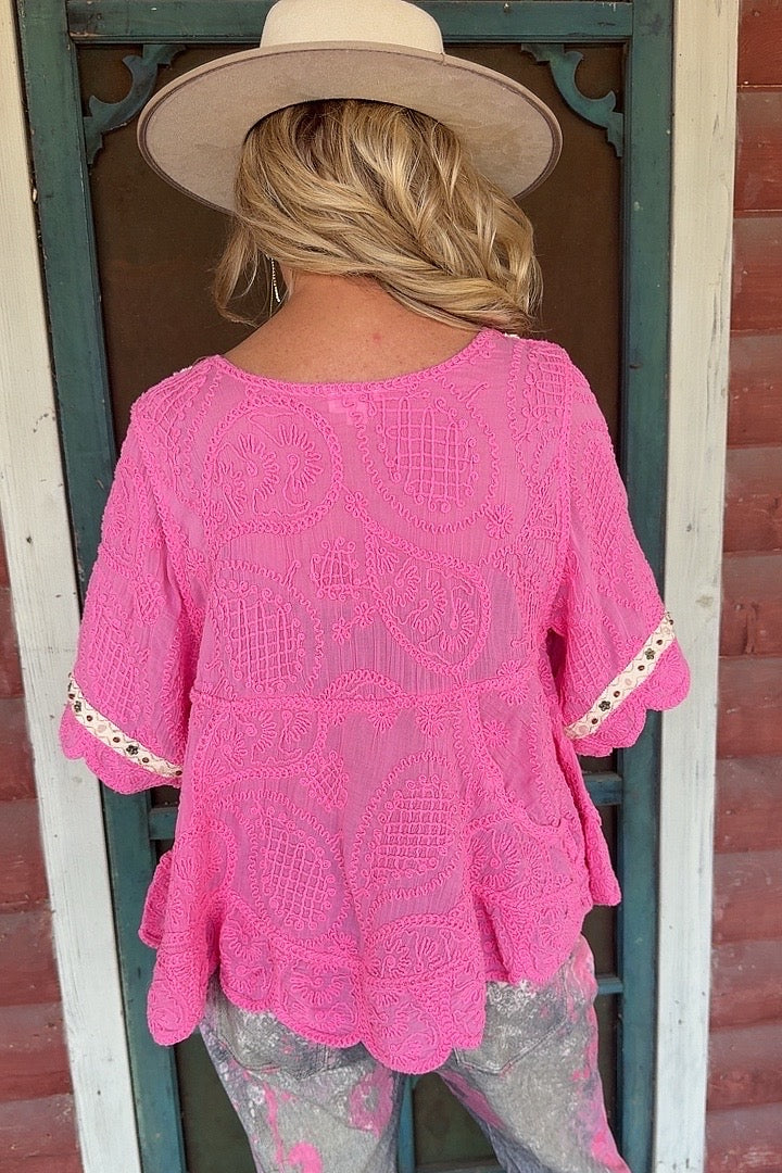 Bubblegum Scallop Trim Top