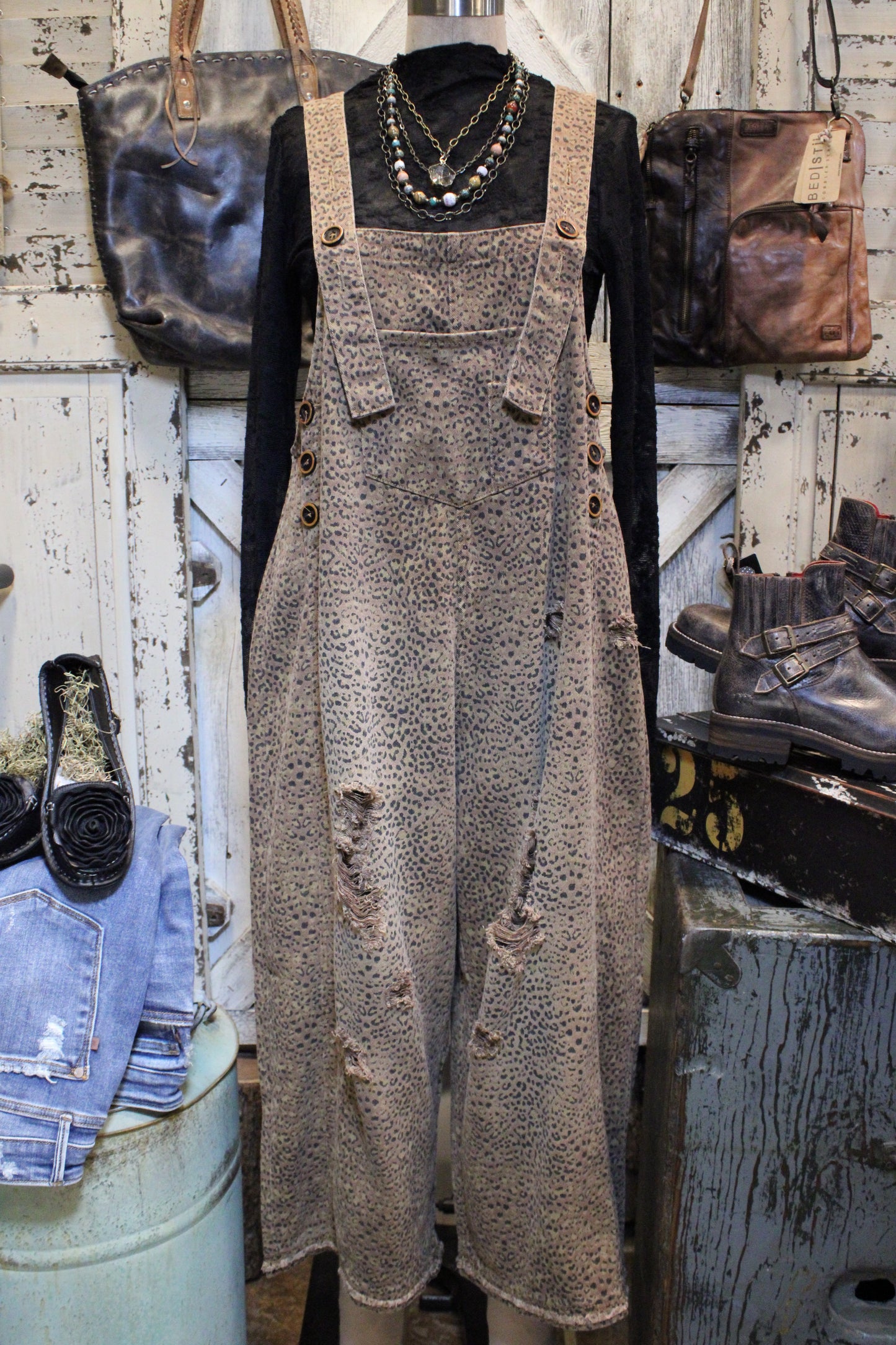 Wild Side Distressed Mocha Overalls